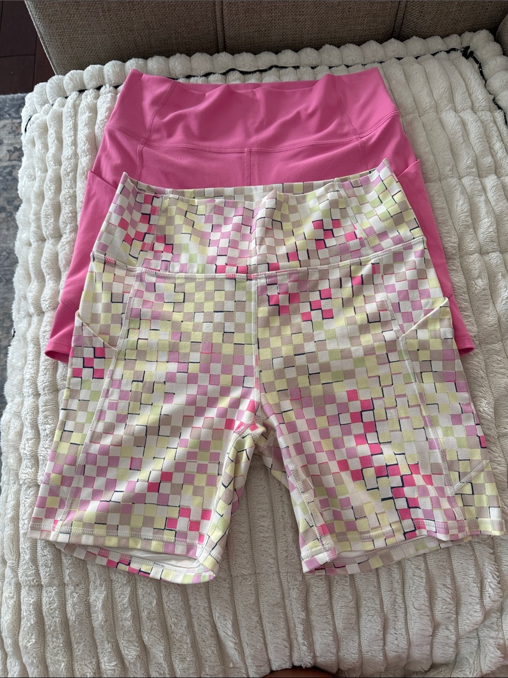 Fabletics Pink Checkerboard and Solid Pink Athletic Shorts Duo